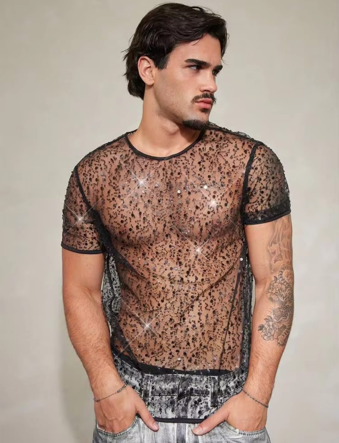 Men's High-Stretch Sheer Mesh Sequin Embellished Short Sleeve Crewneck T-Shirt